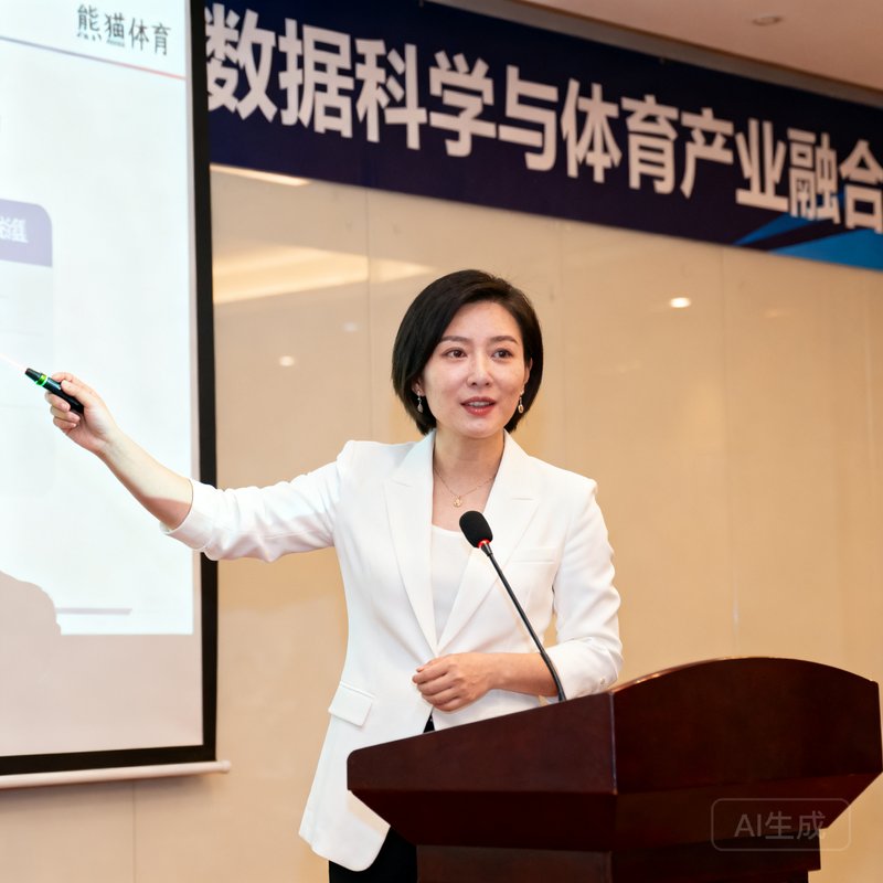 熊猫体育数据科学总监林薇，穿白色西装外套，站在学术会议讲台上发表演讲